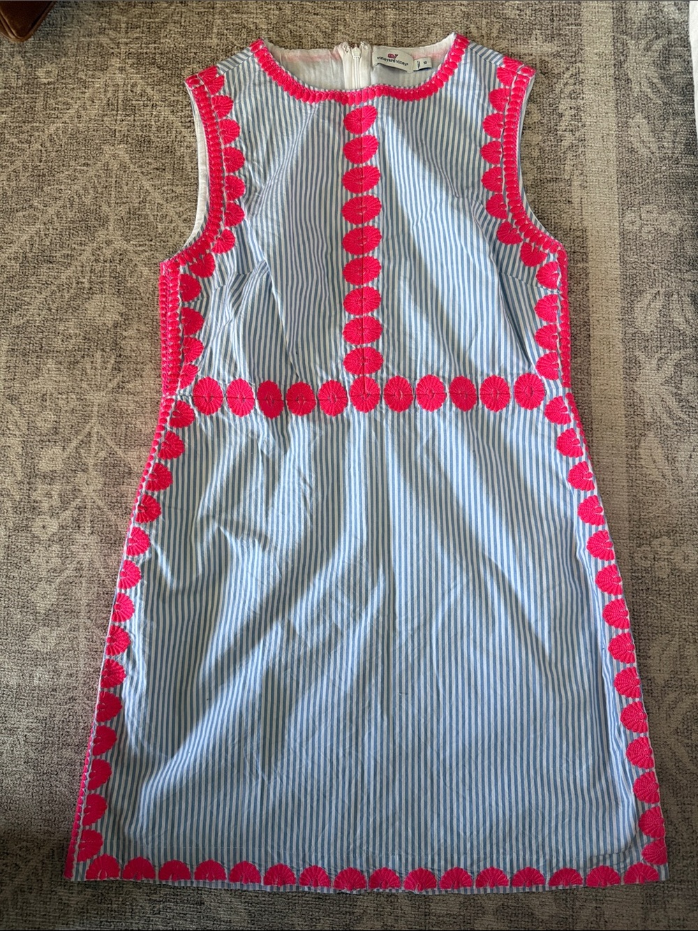 Sleeveless Blue & White Stripe Shift Dress with Hot Pink Trim